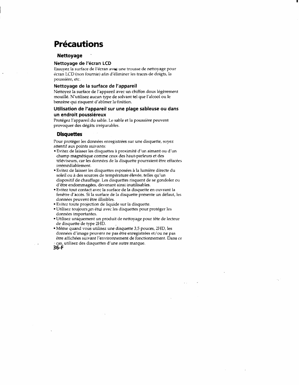 Précautions, Nettoyage, Nettoyage de l'écran lcd | Nettoyage de la surface de l'appareil, Disquettes | Sony MVC-FD51 User Manual | Page 81 / 133