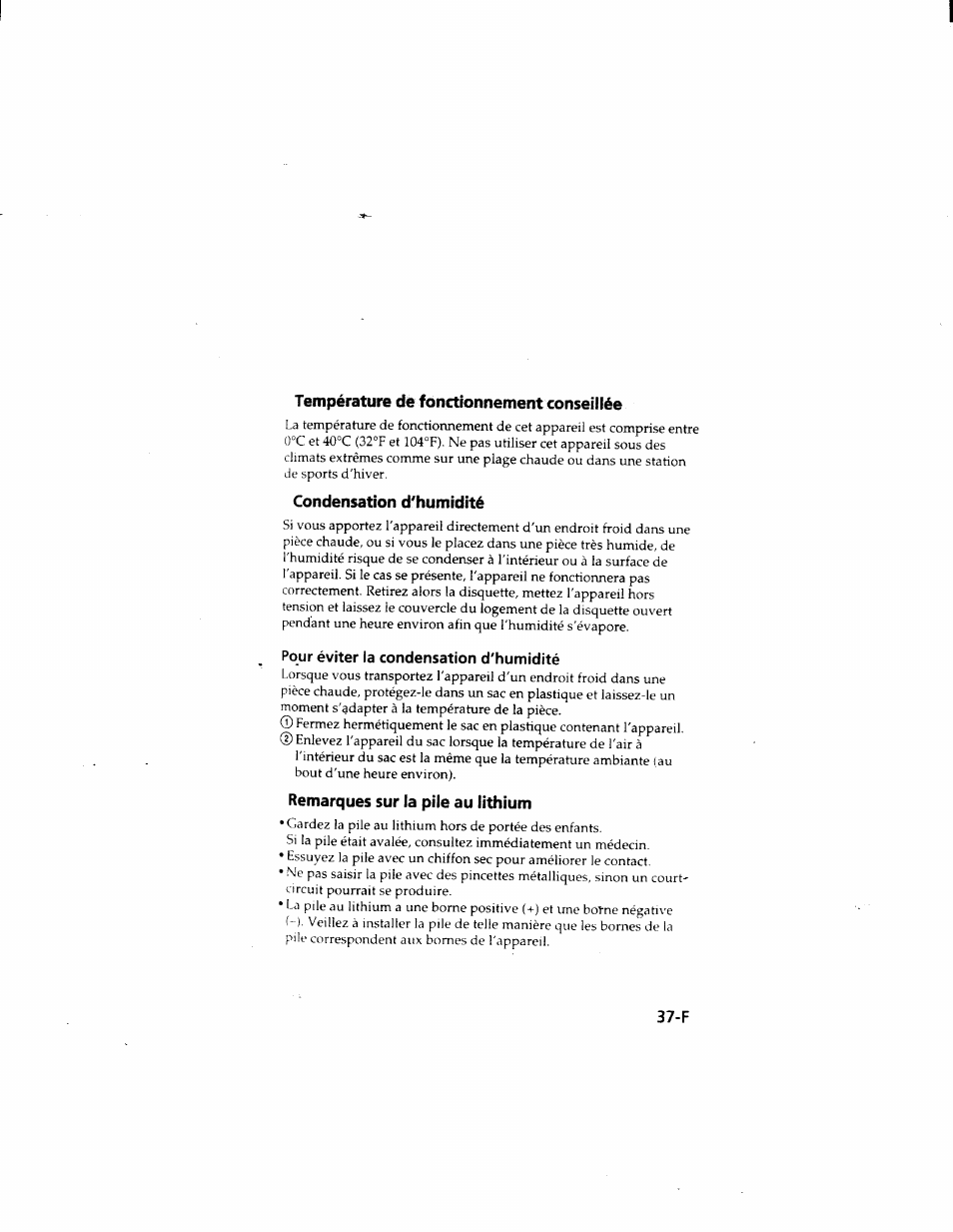 Température de fonctionnement conseillée, Condensation d'humidité, Pour éviter la condensation d'humidité | Remarques sur la pile au lithium | Sony MVC-FD51 User Manual | Page 82 / 133