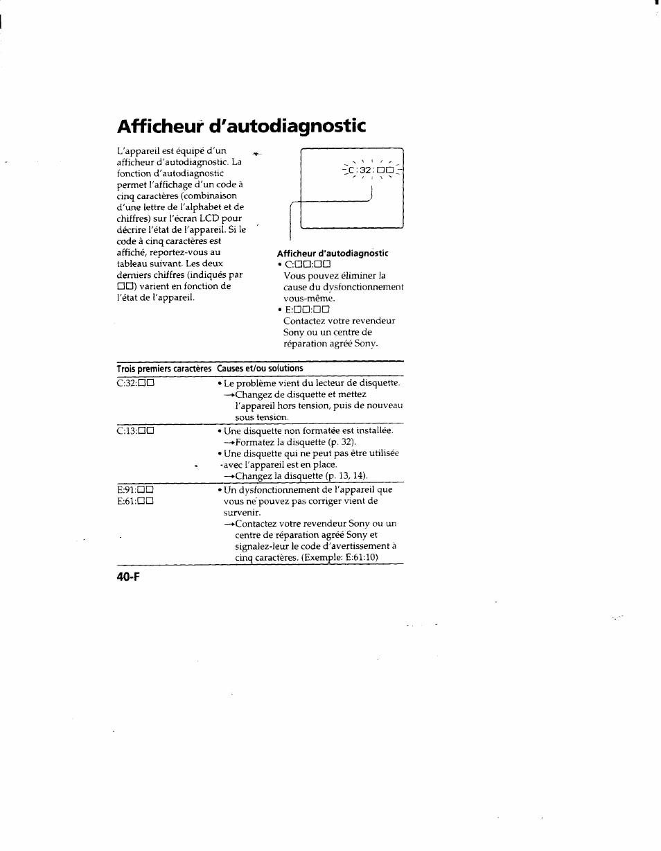 Afficheur d'autodîagnostic | Sony MVC-FD51 User Manual | Page 85 / 133