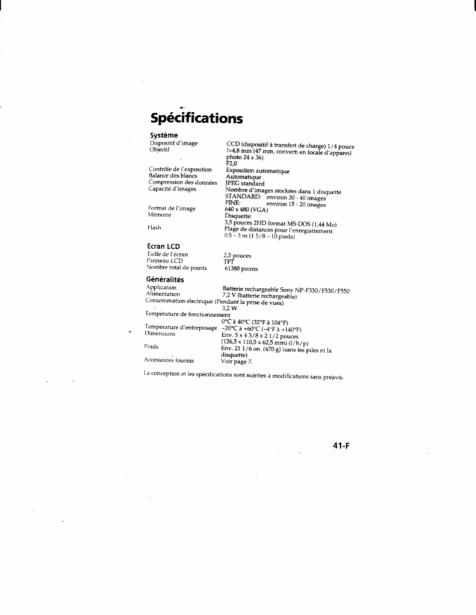 Spécifications | Sony MVC-FD51 User Manual | Page 86 / 133