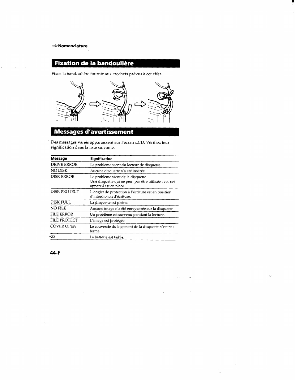 Fixation de la bandoulière, 1 messages d'avertissement | Sony MVC-FD51 User Manual | Page 89 / 133