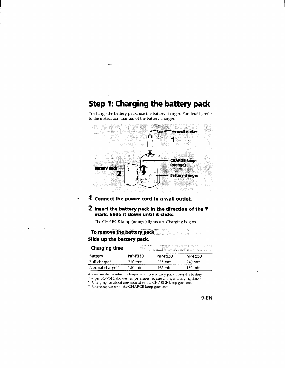 T connect the power cord to a wall outlet, To remove batteryjpaidk, Slide up the battery pack | Charging time, Step 1: charging the battery pack | Sony MVC-FD51 User Manual | Page 9 / 133