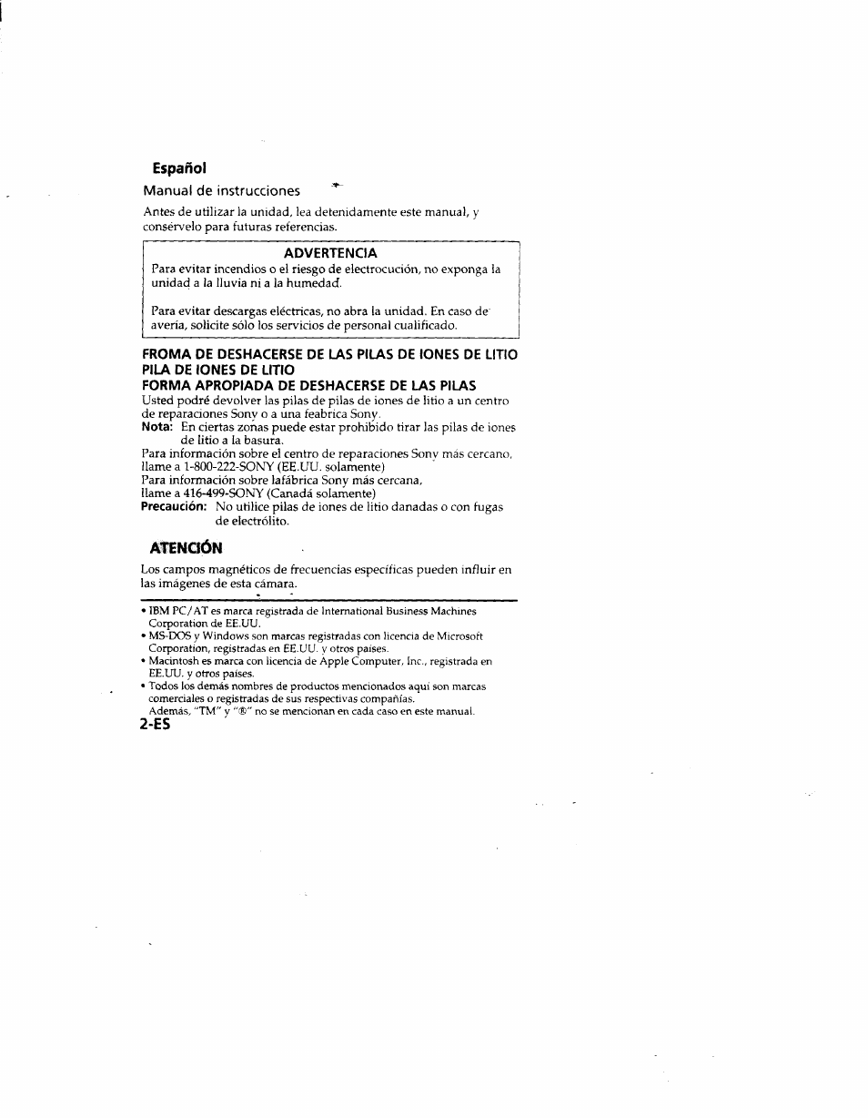 Español, Manual de instrucciones, Advertencia | Forma apropiada de deshacerse de las pilas, Atención | Sony MVC-FD51 User Manual | Page 91 / 133