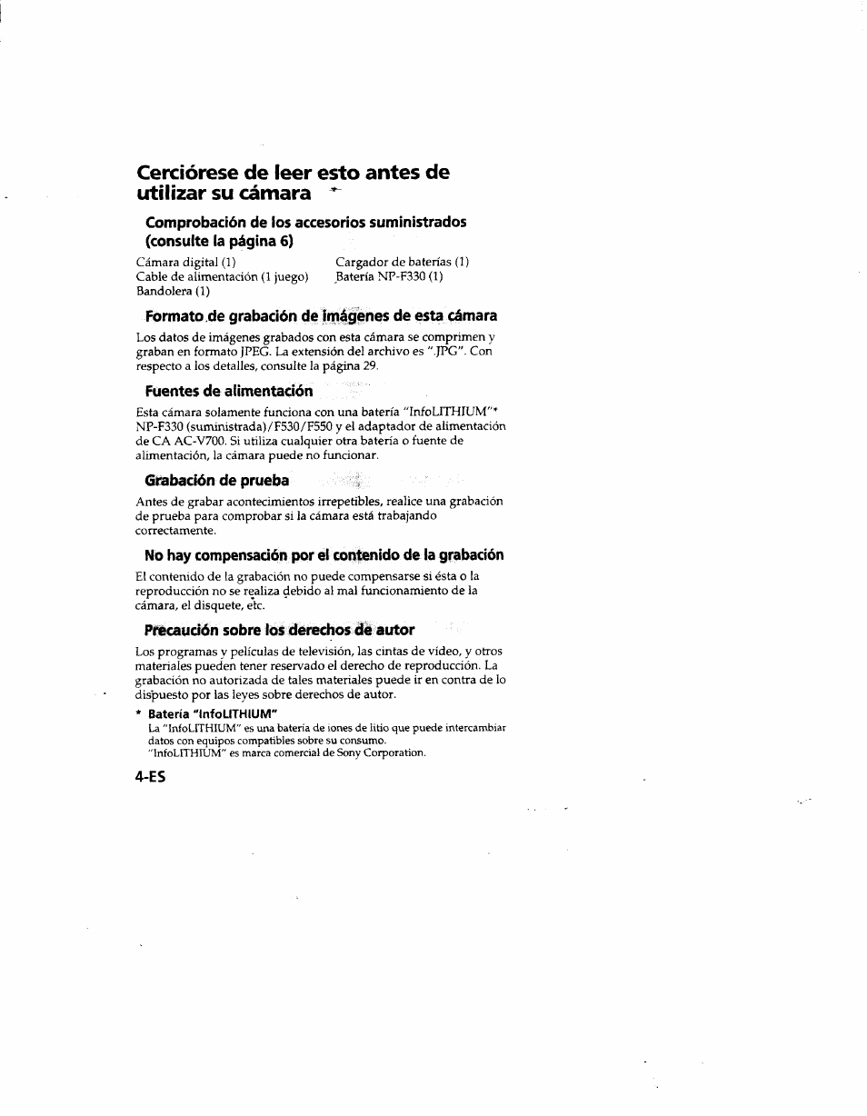 Formato .de grabación de imágenes de esta cámara, Fuentes de alimentación, St^bación de prueba | Prtcaudón sobre ios deredios de autor | Sony MVC-FD51 User Manual | Page 93 / 133