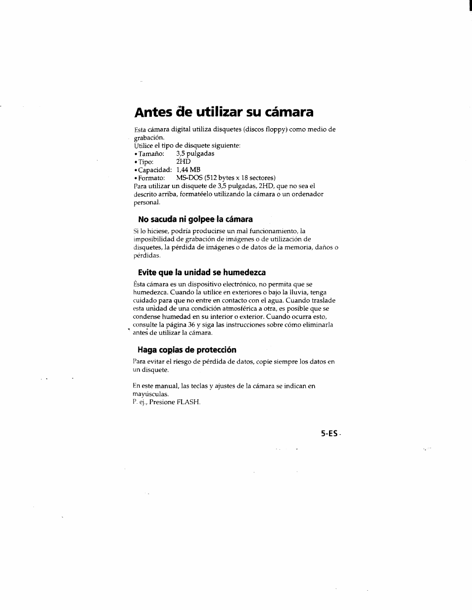 Antes ñe utilizar su cámara, No sacuda ni golpee la cámara, Evite que la unidad se humedezca | Haga copias de protección, Antes, Utilizar su cámara | Sony MVC-FD51 User Manual | Page 94 / 133