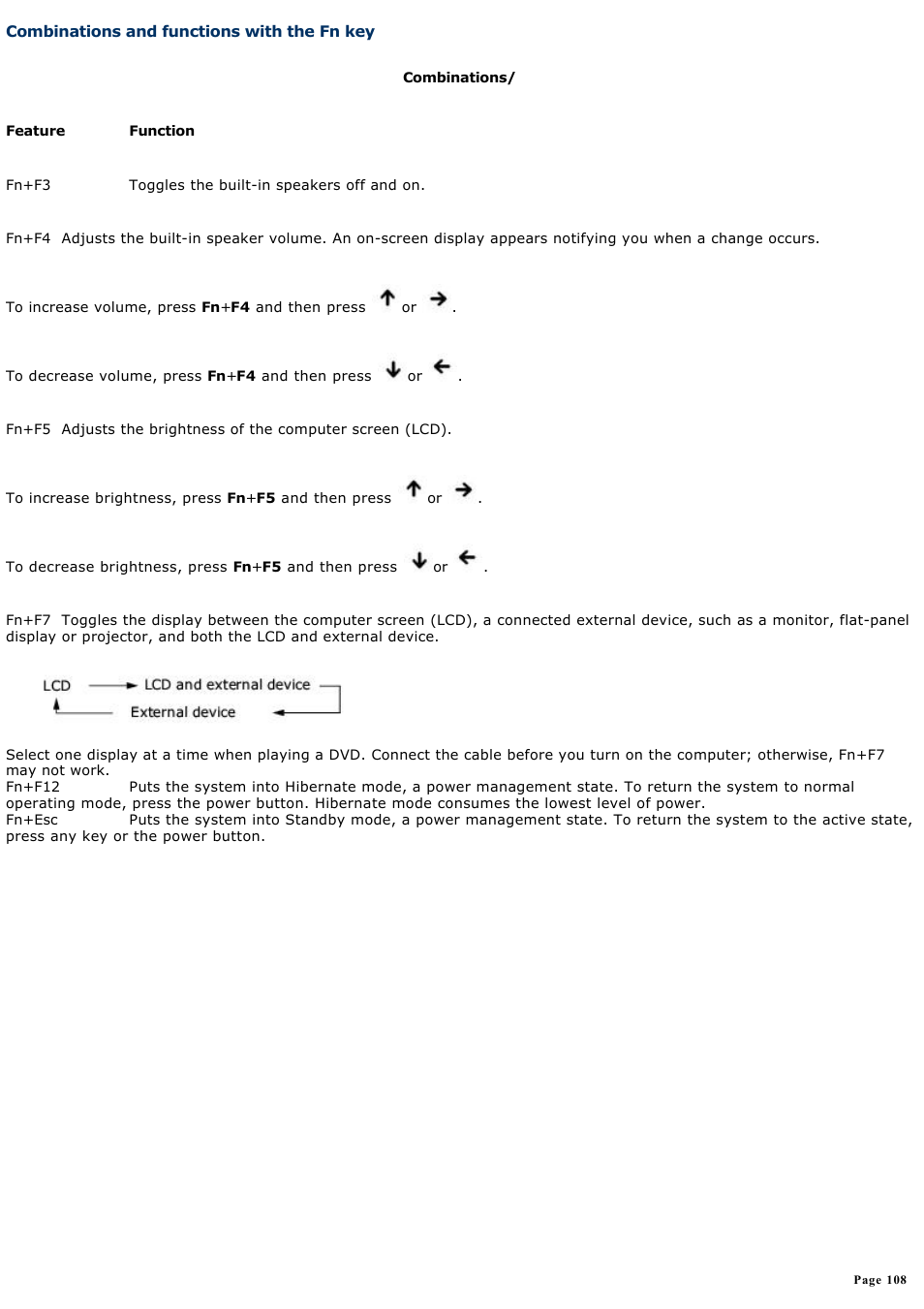 Combinations and functions with the fn key, Combinations and functions, With the fn key | Sony PCG-Z1WAP User Manual | Page 108 / 171