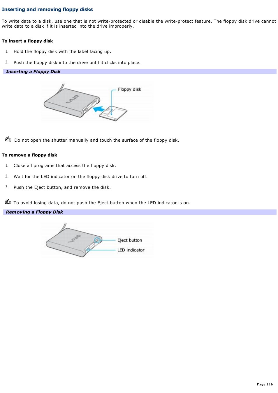 Inserting and removing floppy disks | Sony PCG-Z1WAP User Manual | Page 116 / 171