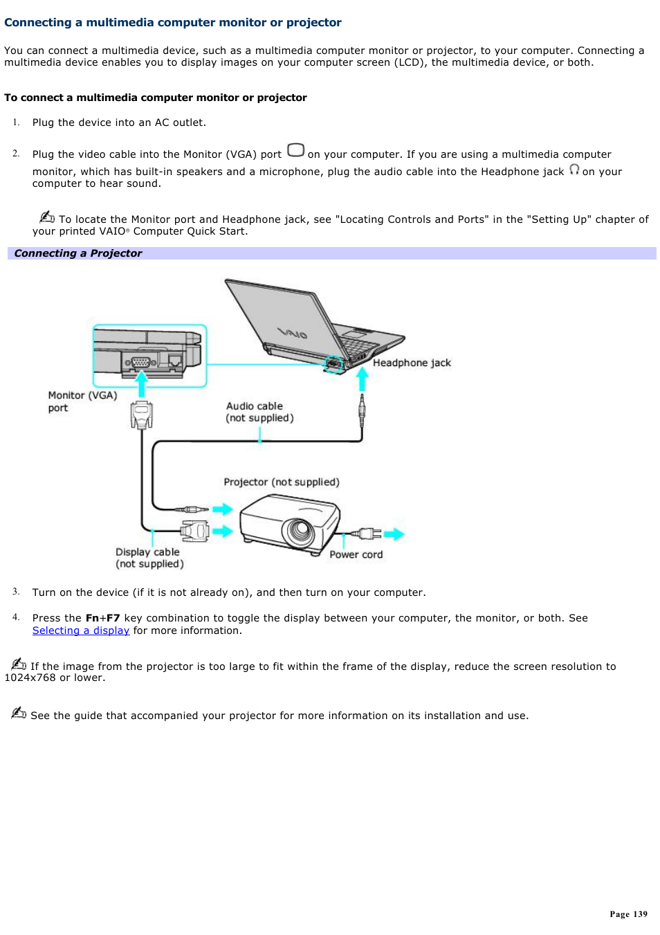 Connecting a multimedia computer monitor or, Projector | Sony PCG-Z1WAP User Manual | Page 139 / 171