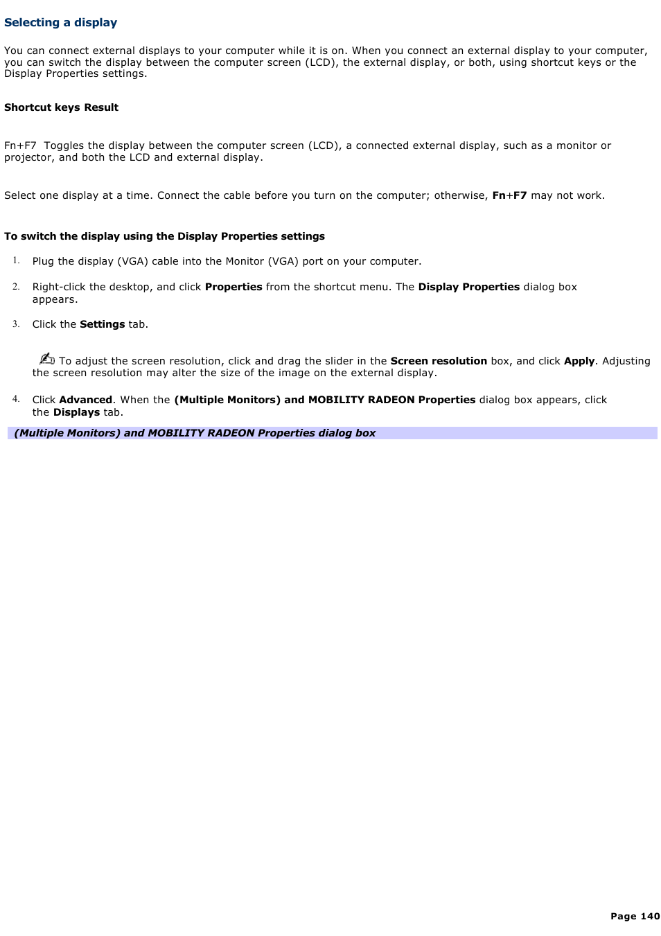 Selecting a display, For more, And flat-panel display. see | Sony PCG-Z1WAP User Manual | Page 140 / 171