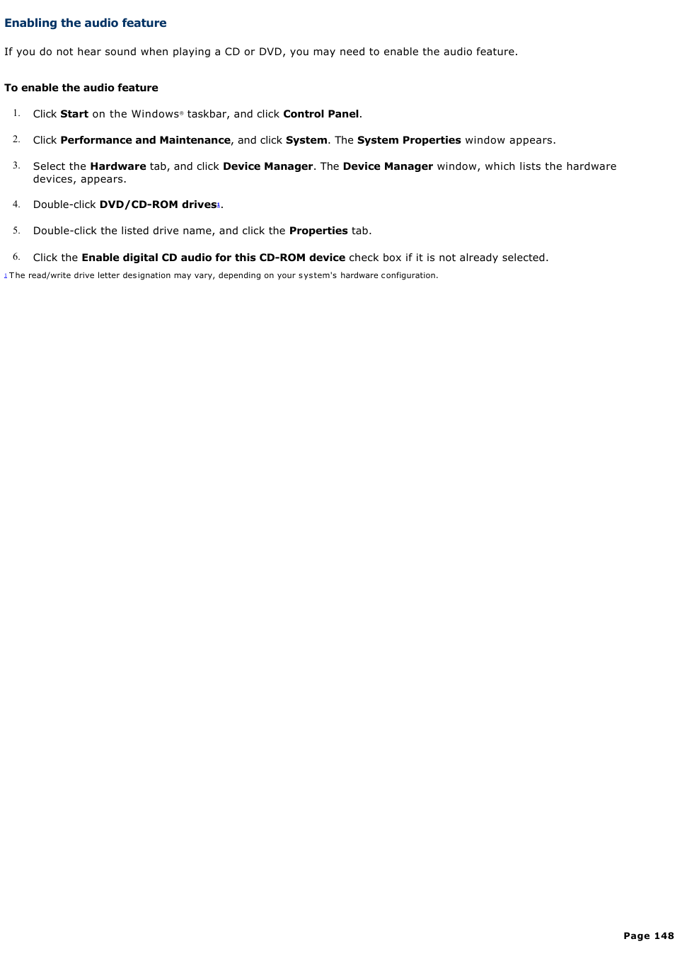 Enabling the audio feature | Sony PCG-Z1WAP User Manual | Page 148 / 171