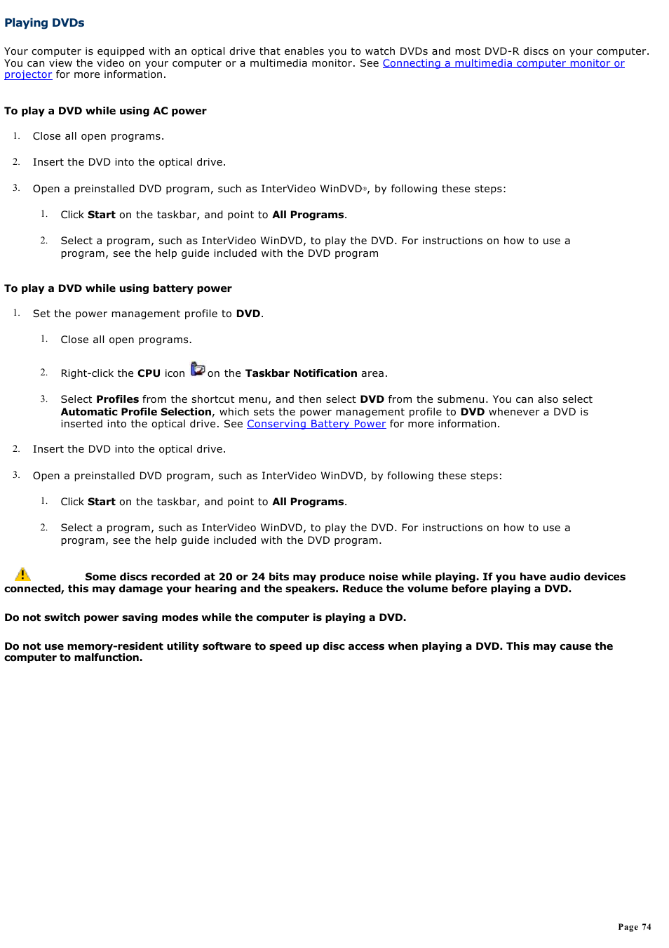 Playing dvds | Sony PCG-Z1WAP User Manual | Page 74 / 171