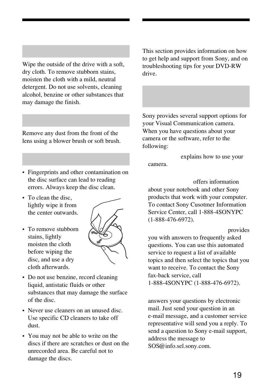 Maintenance, Getting help, Cleaning the cabinet | Cleaning the lens, Cleaning the disc, About sony’s support options | Sony PCGA-UVC10 User Manual | Page 19 / 24