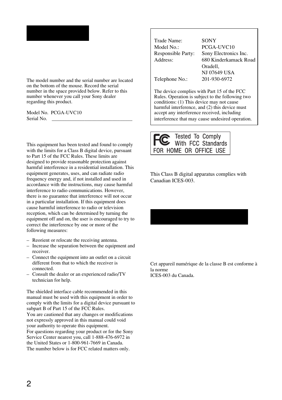 Warning, Avertissement | Sony PCGA-UVC10 User Manual | Page 2 / 24