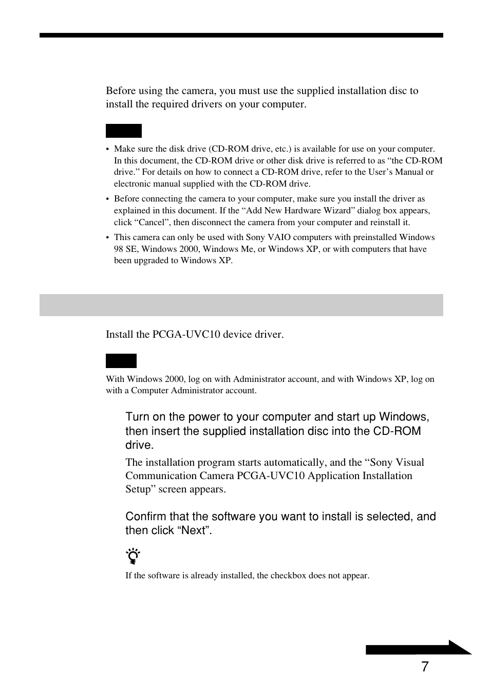 Setting up the camera, Installing the driver | Sony PCGA-UVC10 User Manual | Page 7 / 24