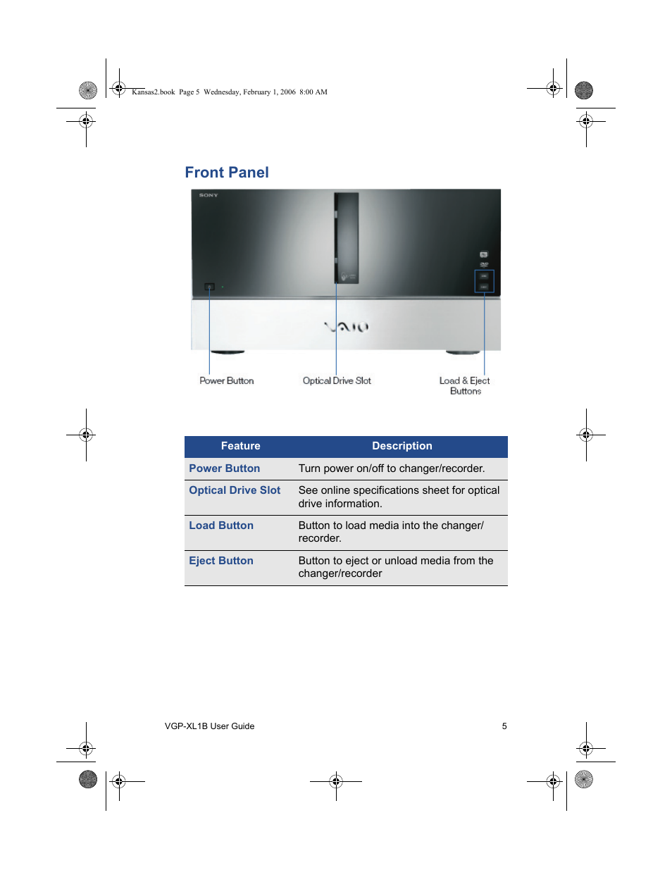 Front panel | Sony VGP-XL1B2 User Manual | Page 11 / 52