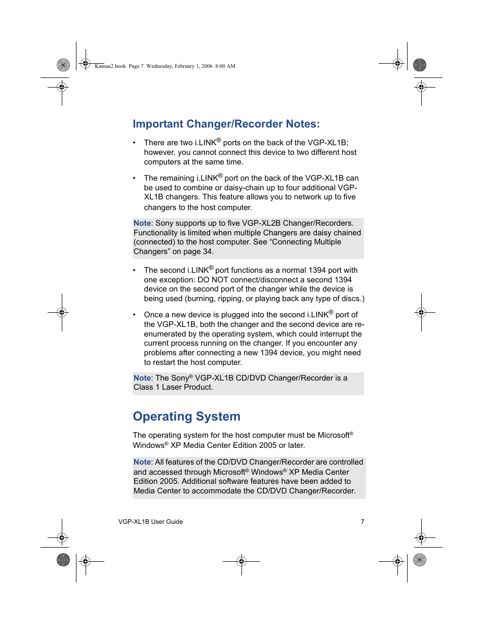 Important changer/recorder notes, Operating system | Sony VGP-XL1B2 User Manual | Page 13 / 52