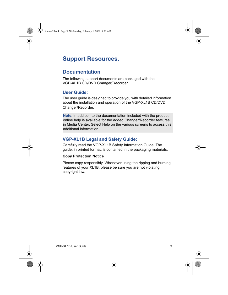 Support resources, Documentation, User guide: vgp-xl1b legal and safety guide | Sony VGP-XL1B2 User Manual | Page 15 / 52
