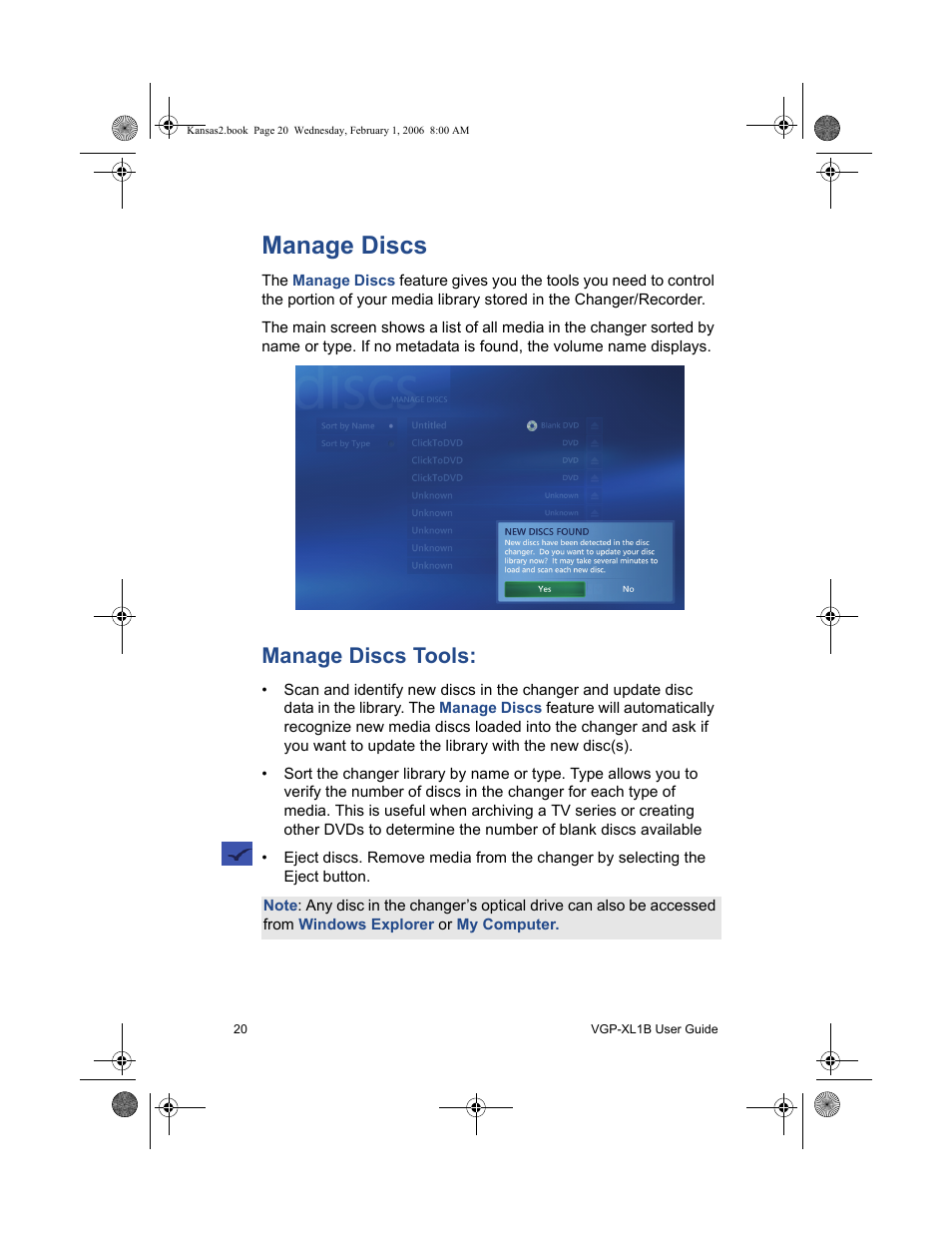 Manage discs, Manage discs tools | Sony VGP-XL1B2 User Manual | Page 26 / 52