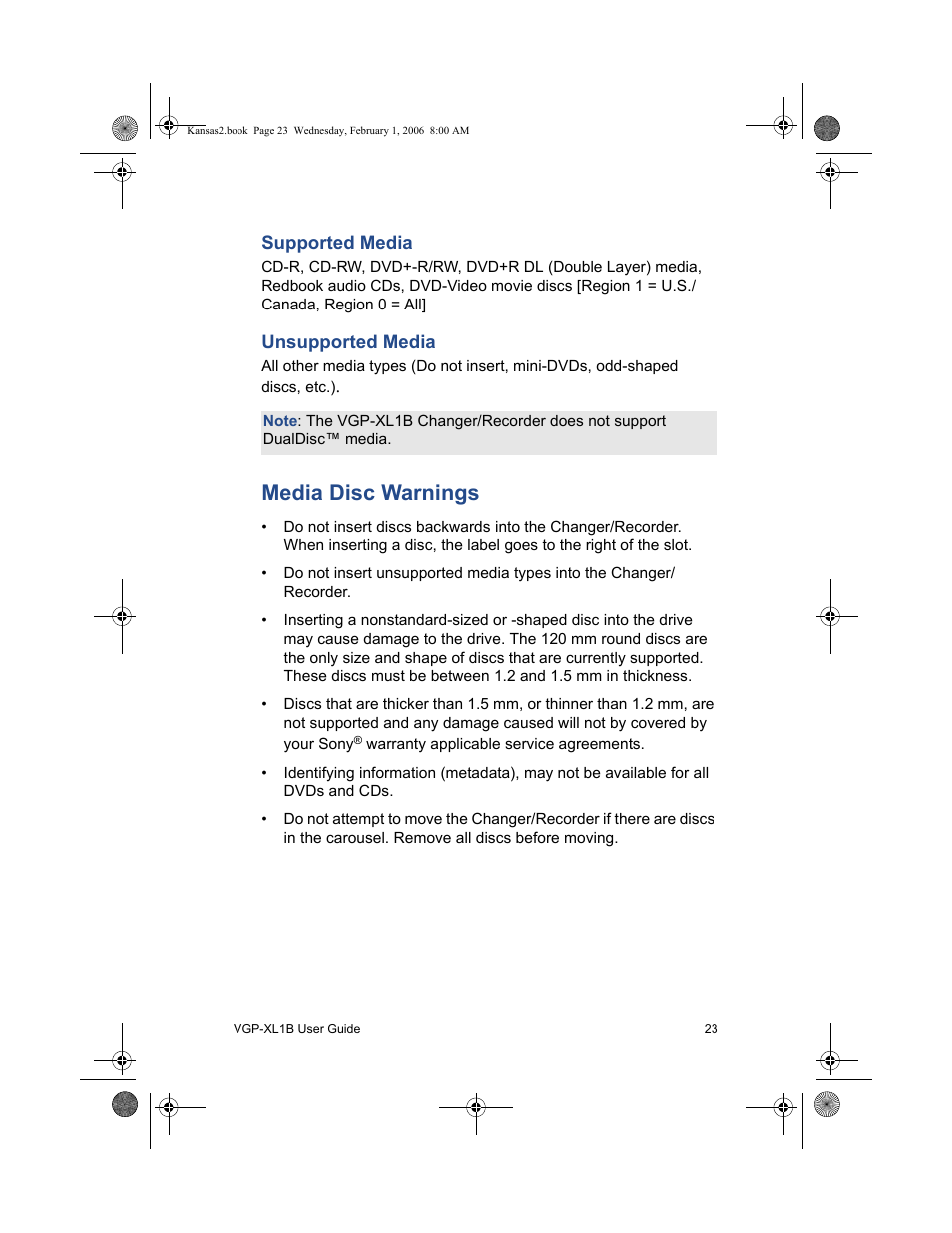 Media disc warnings, Supported media unsupported media | Sony VGP-XL1B2 User Manual | Page 29 / 52