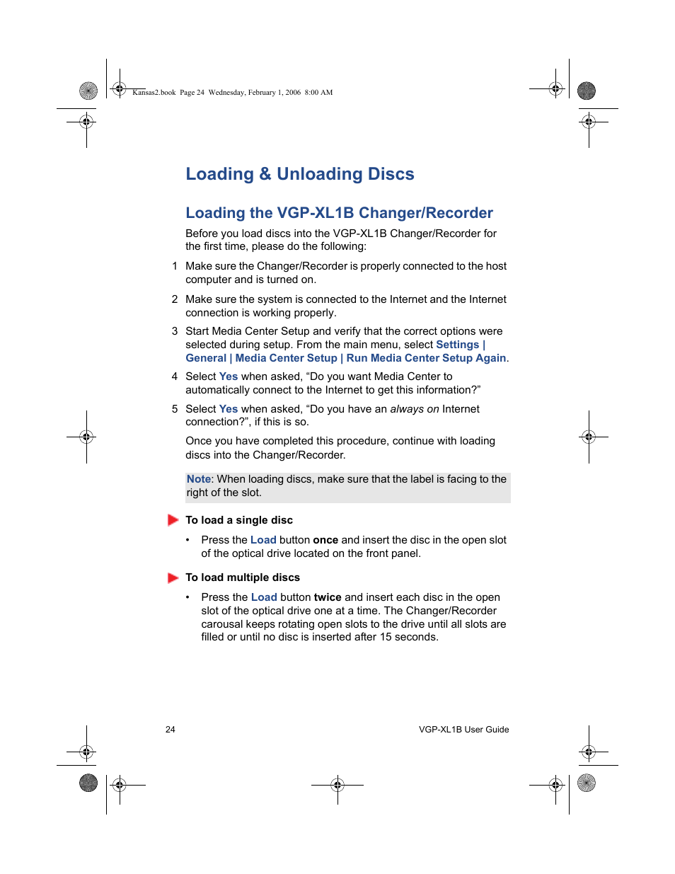 Loading & unloading discs, Loading the vgp-xl1b changer/recorder | Sony VGP-XL1B2 User Manual | Page 30 / 52