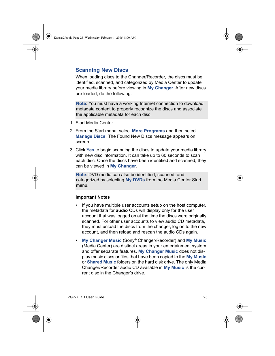 Scanning new discs | Sony VGP-XL1B2 User Manual | Page 31 / 52