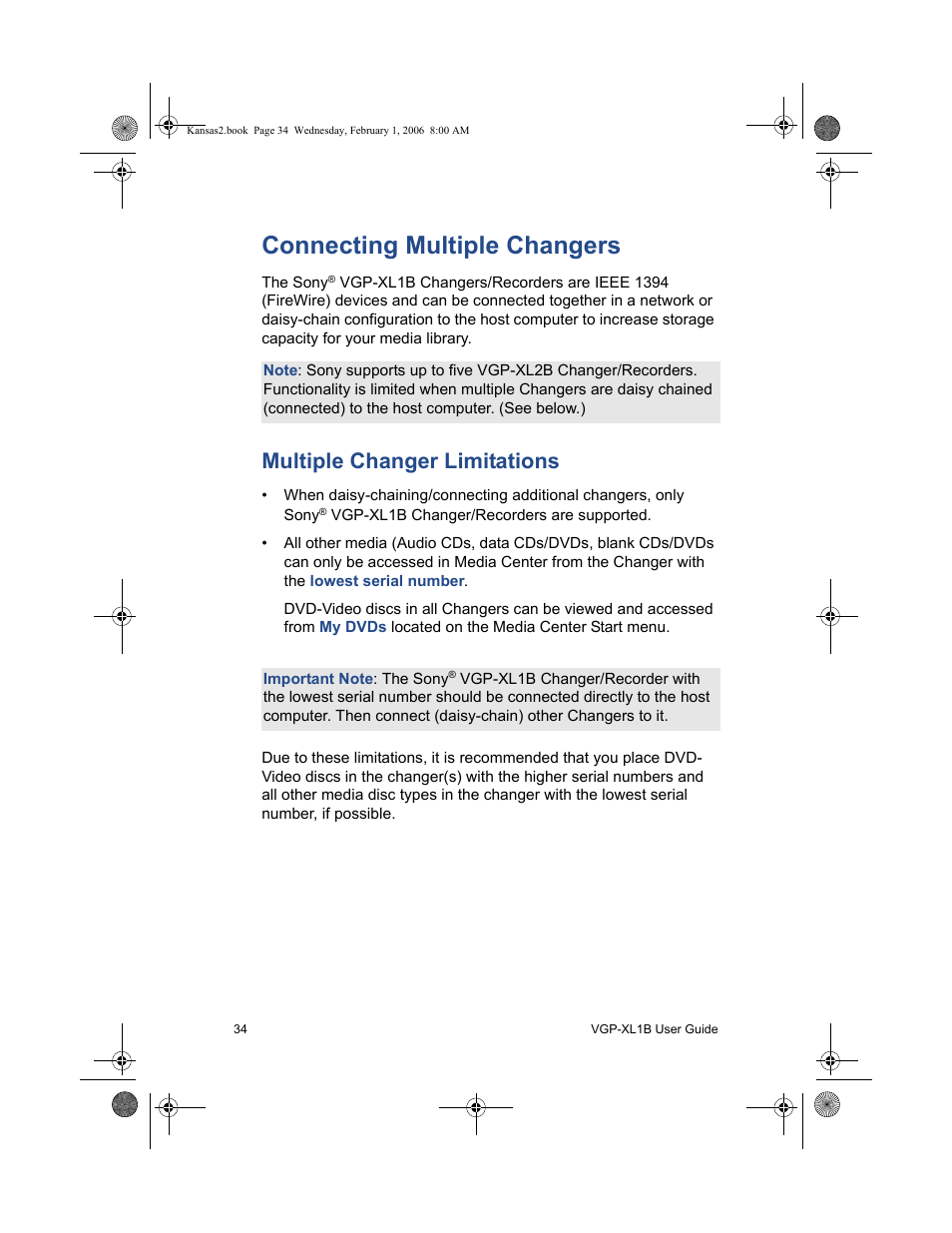 Connecting multiple changers, Multiple changer limitations | Sony VGP-XL1B2 User Manual | Page 40 / 52