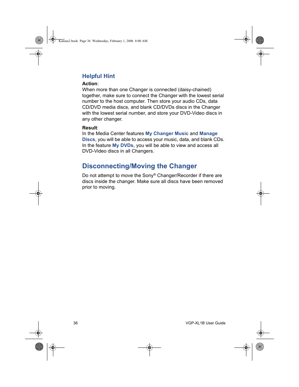 Disconnecting/moving the changer, Helpful hint | Sony VGP-XL1B2 User Manual | Page 42 / 52