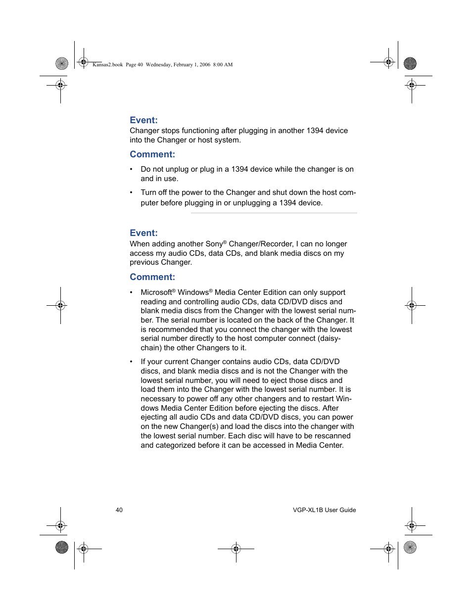 Event, Comment | Sony VGP-XL1B2 User Manual | Page 46 / 52