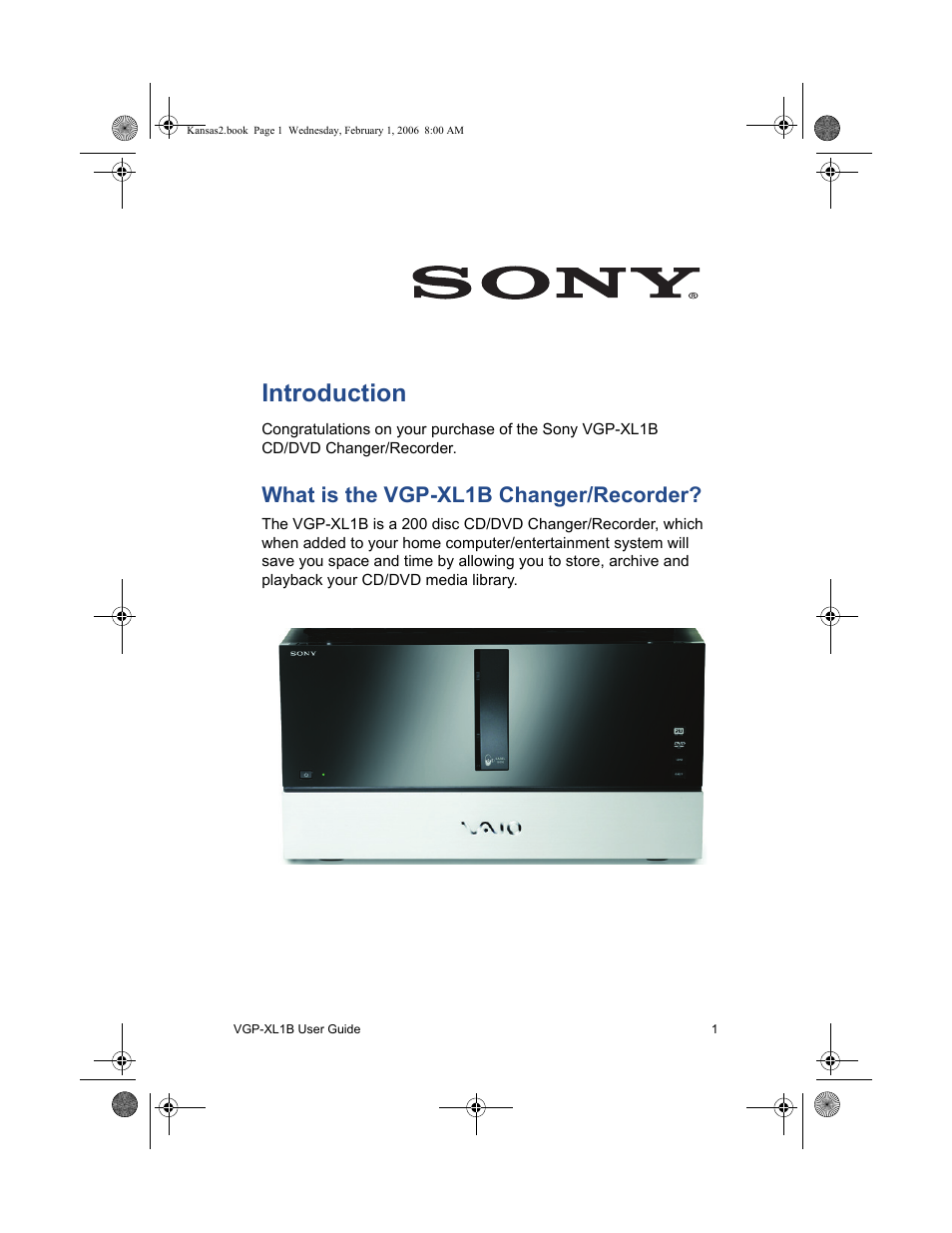 Introduction, What is the vgp-xl1b changer/recorder, Introduction 1 | Sony VGP-XL1B2 User Manual | Page 7 / 52