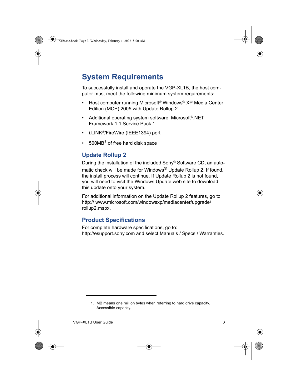 System requirements, Update rollup 3 product specifications, Update rollup 2 | Product specifications | Sony VGP-XL1B2 User Manual | Page 9 / 52