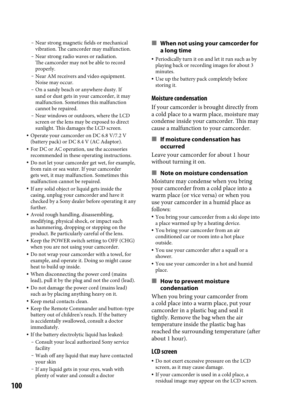 Moisture condensation, Lcd screen | Sony HDR-CX12 User Manual | Page 100 / 116