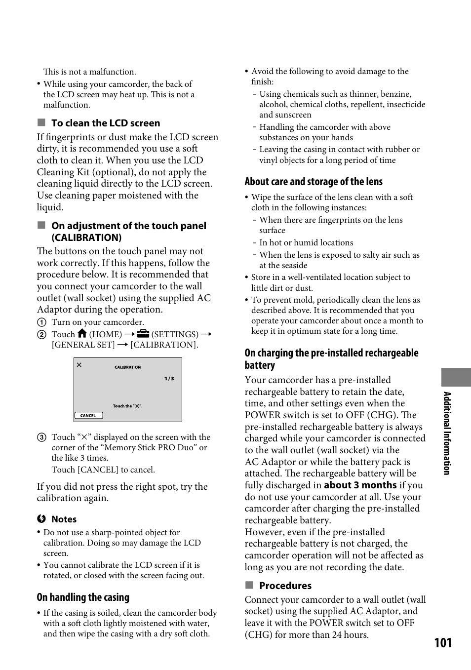 On handling the casing, About care and storage of the lens, On charging the pre-installed rechargeable battery | Sony HDR-CX12 User Manual | Page 101 / 116