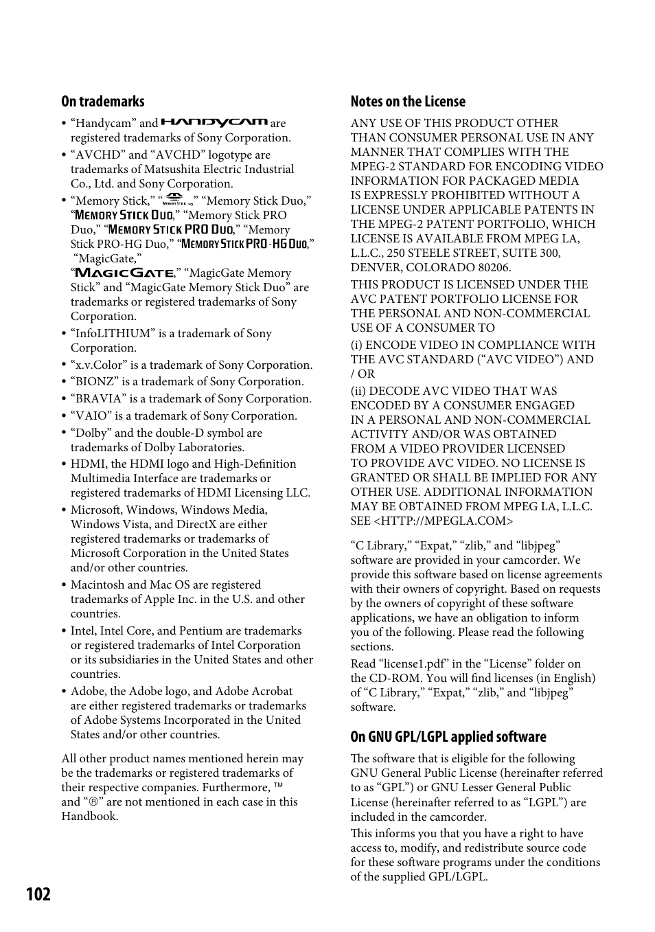 On trademarks, On gnu gpl/lgpl applied software | Sony HDR-CX12 User Manual | Page 102 / 116