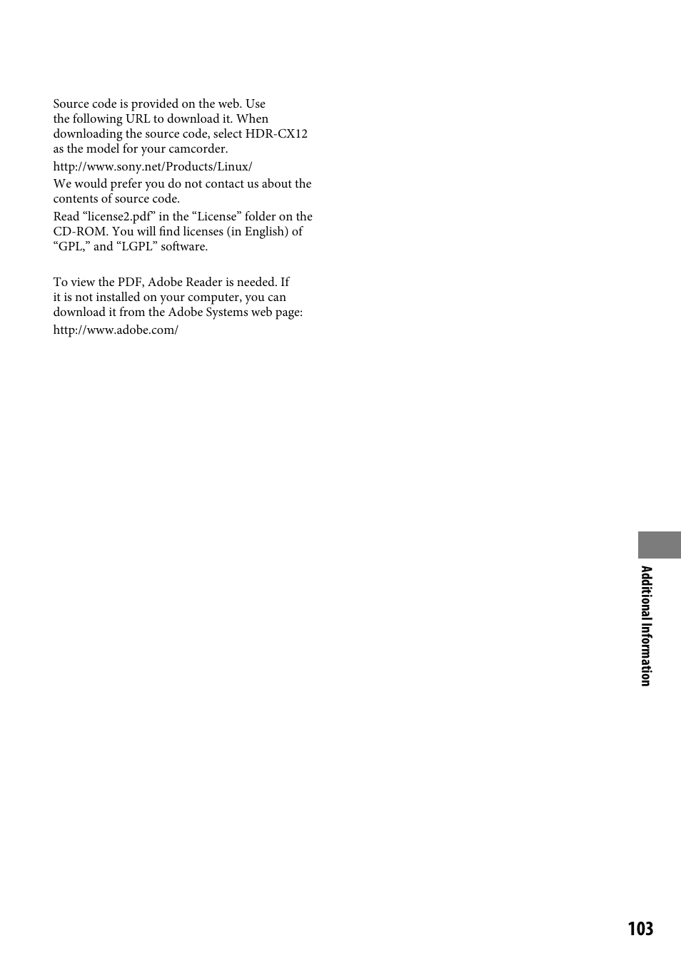 Sony HDR-CX12 User Manual | Page 103 / 116