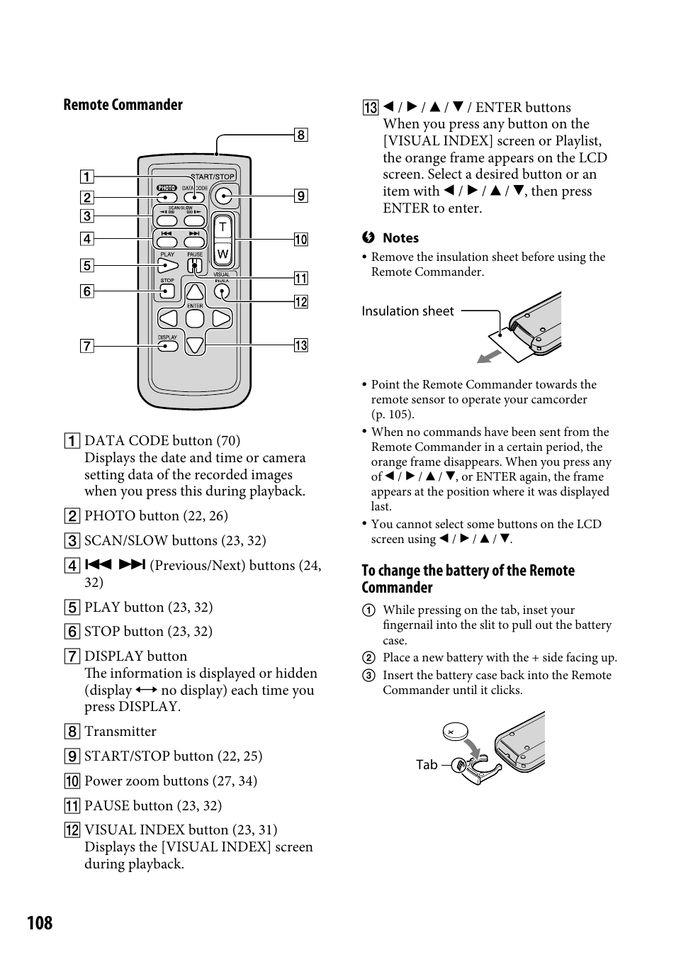 Remote commander | Sony HDR-CX12 User Manual | Page 108 / 116