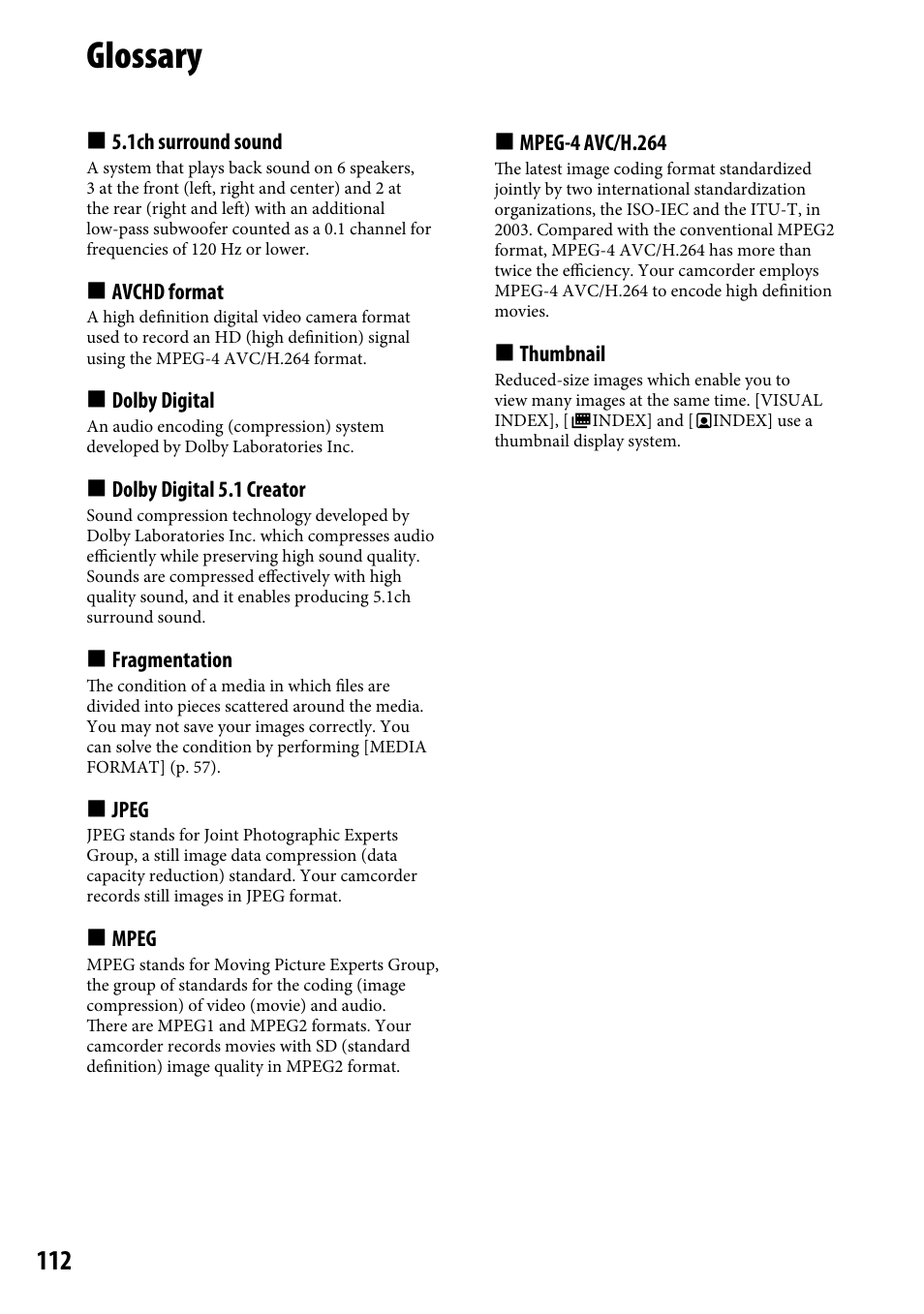 Glossary | Sony HDR-CX12 User Manual | Page 112 / 116