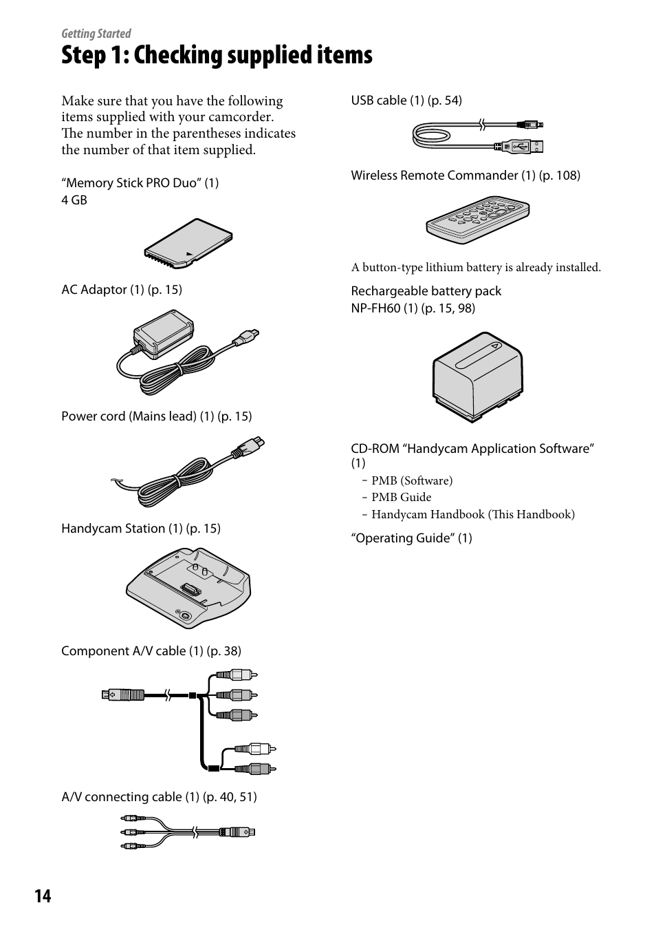 Getting started, Step 1: checking supplied items | Sony HDR-CX12 User Manual | Page 14 / 116