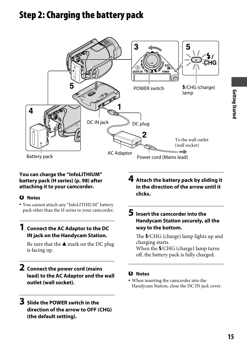 Step 2: charging the battery pack | Sony HDR-CX12 User Manual | Page 15 / 116