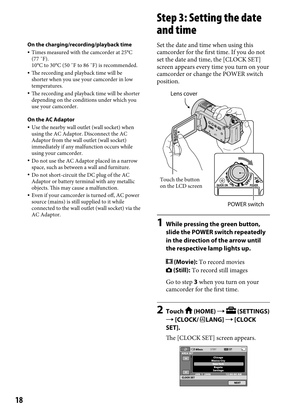 Step 3: setting the date and time, 18), access | Sony HDR-CX12 User Manual | Page 18 / 116