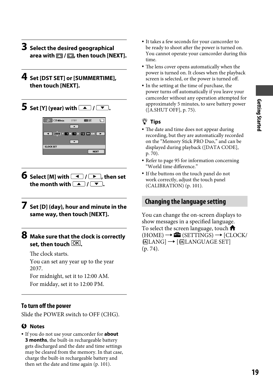 Changing the language setting | Sony HDR-CX12 User Manual | Page 19 / 116