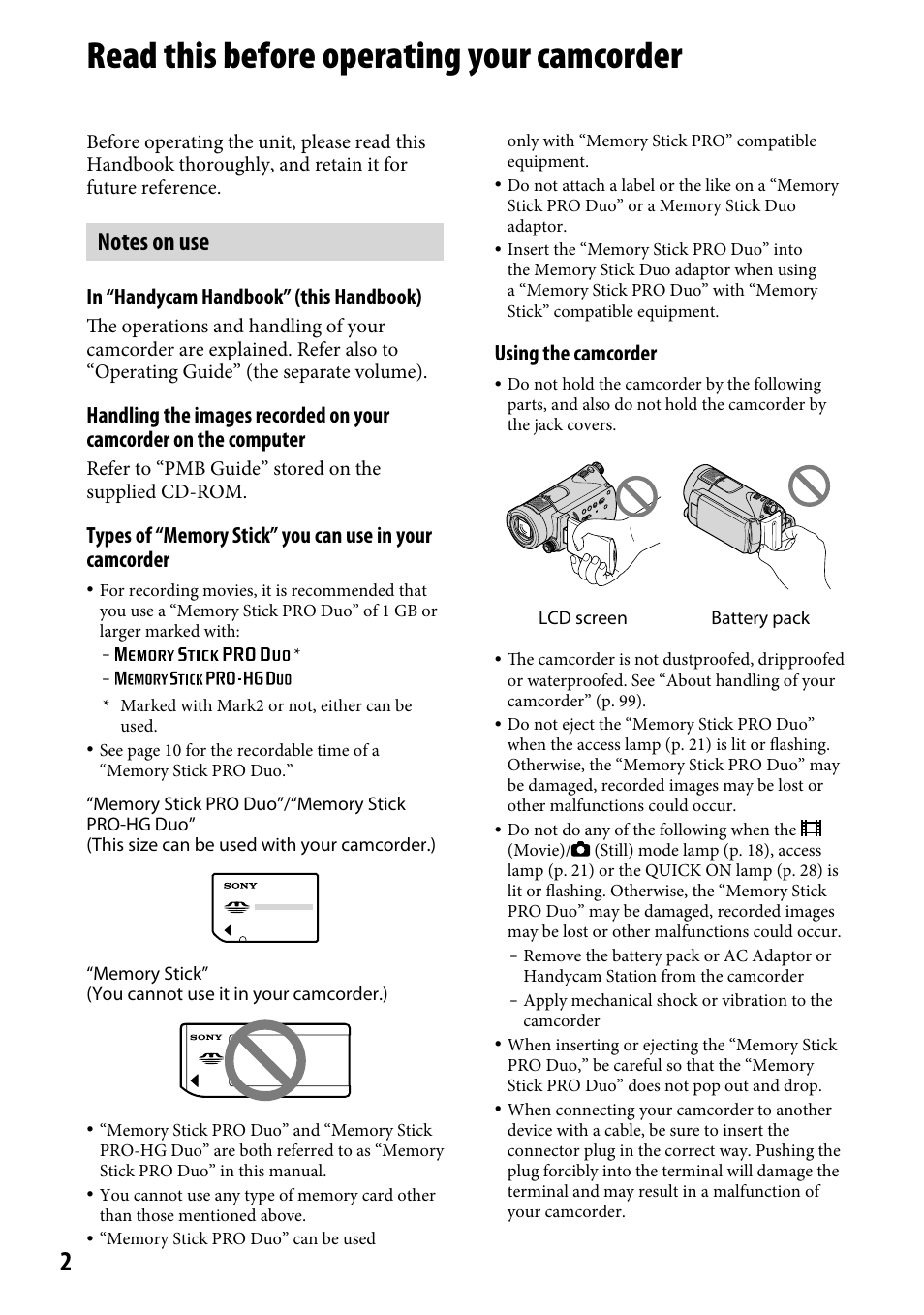 Read this before operating your camcorder, Using the camcorder | Sony HDR-CX12 User Manual | Page 2 / 116
