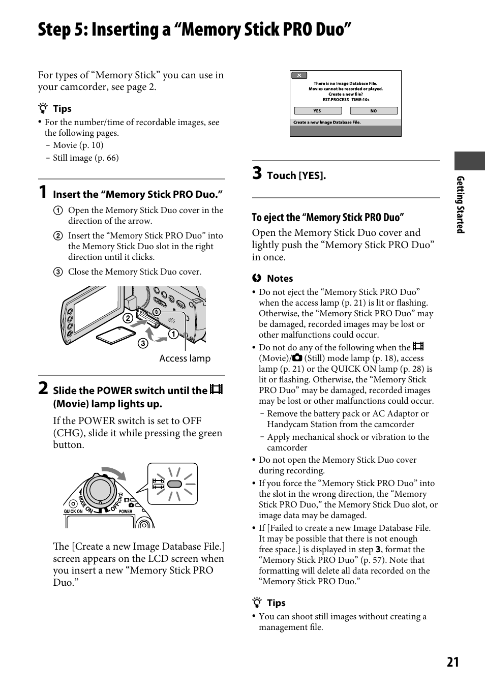 Step 5: inserting a “memory stick pro duo, 21) is lit or flashing, 21) or the quick on lamp (p | Step 5: inserting a “memory stick pro | Sony HDR-CX12 User Manual | Page 21 / 116