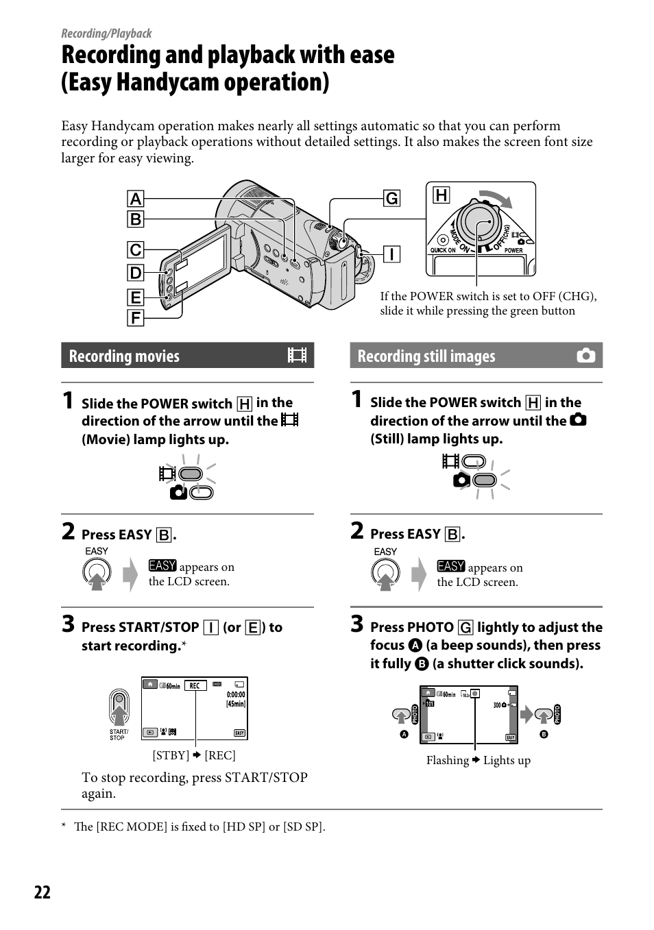 Recording/playback, Recording and playback with ease, Easy handycam operation) | 22). for the items | Sony HDR-CX12 User Manual | Page 22 / 116