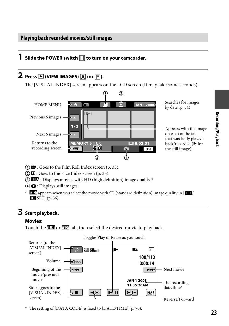 Playing back recorded movies/still images | Sony HDR-CX12 User Manual | Page 23 / 116