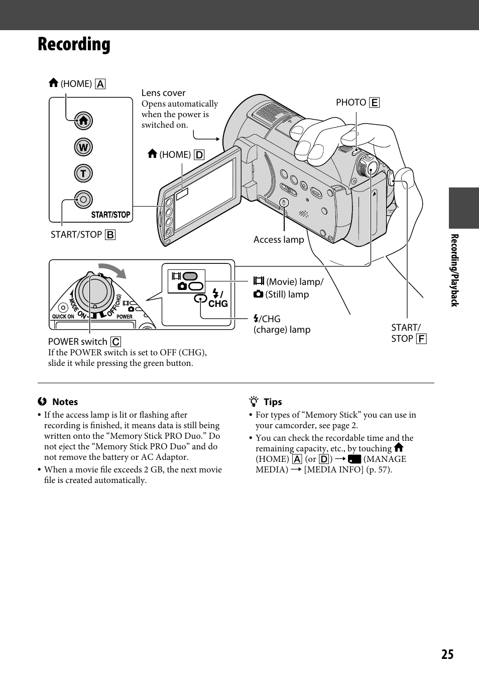 Recording, 25) or the quick on lamp (p | Sony HDR-CX12 User Manual | Page 25 / 116