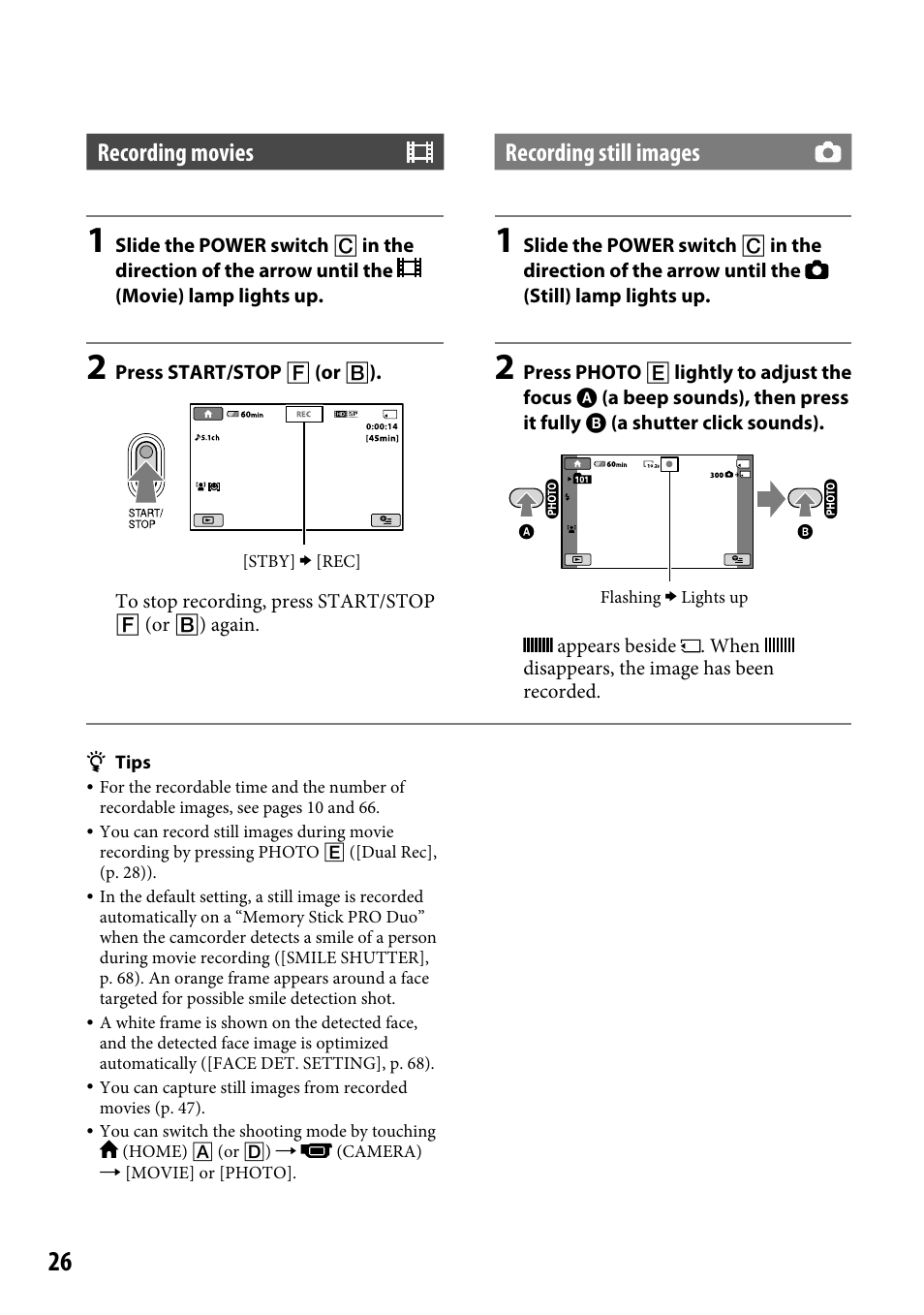 Recording movies, Recording still images | Sony HDR-CX12 User Manual | Page 26 / 116