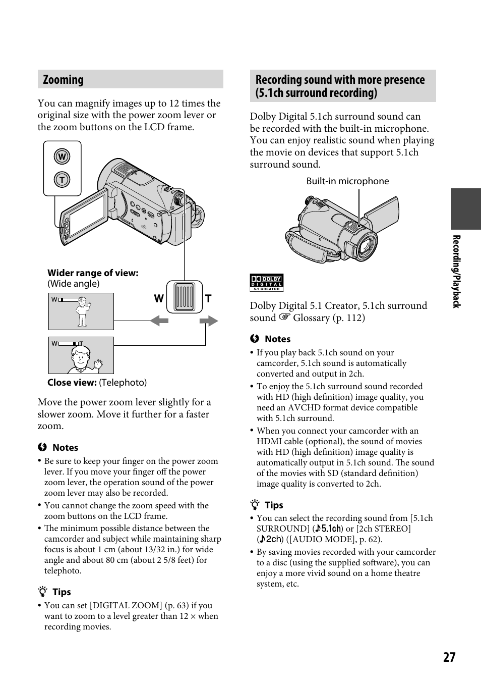 Zooming, Recording sound with more presence, 1ch surround recording) | Sony HDR-CX12 User Manual | Page 27 / 116