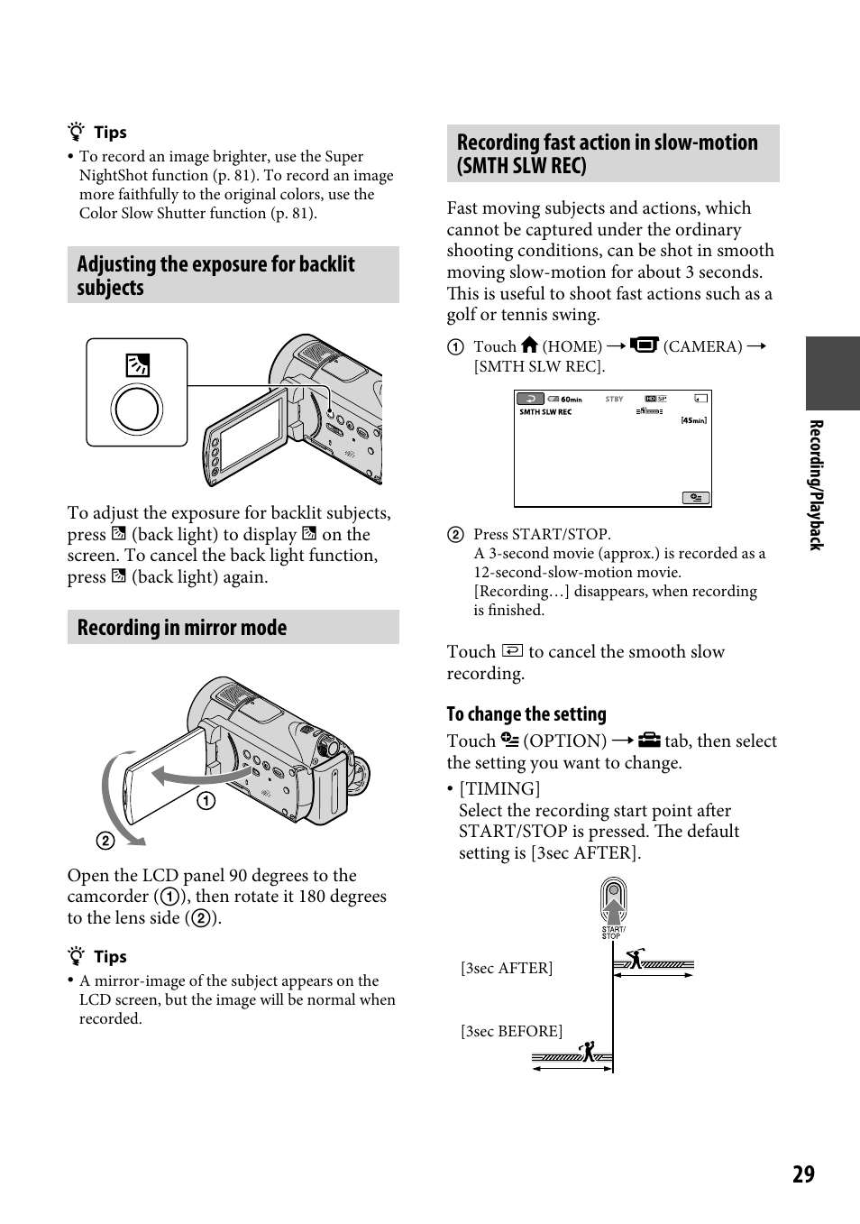 Adjusting the exposure for backlit subjects, Recording in mirror mode, Adjusting the exposure for backlit | Subjects, Recording fast action in slow-motion, Smth slw rec) | Sony HDR-CX12 User Manual | Page 29 / 116
