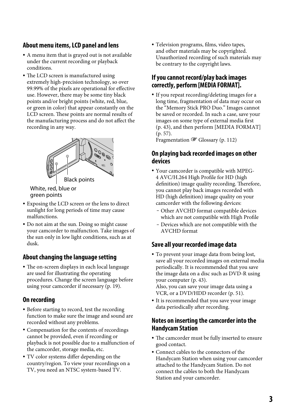 About menu items, lcd panel and lens, About changing the language setting, On recording | On playing back recorded images on other devices, Save all your recorded image data | Sony HDR-CX12 User Manual | Page 3 / 116