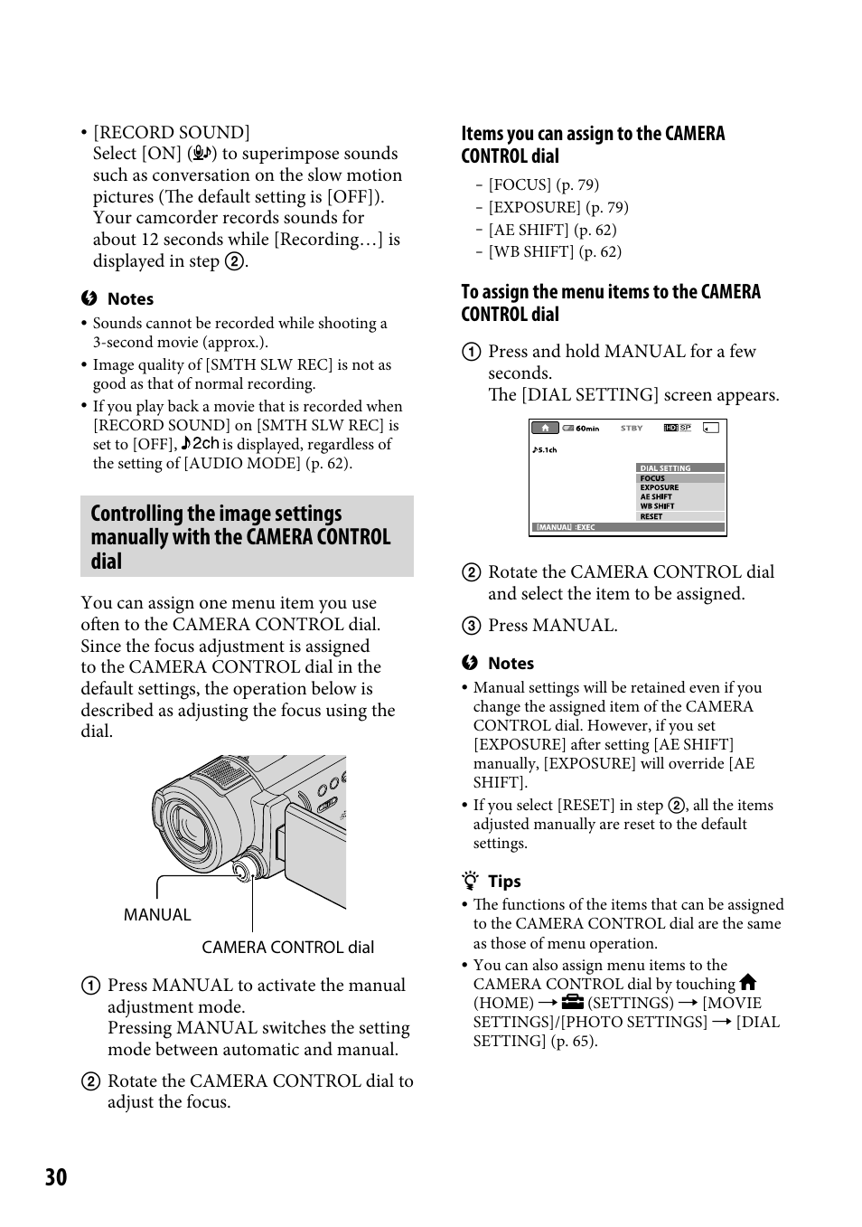 Controlling the image settings manually, With the camera control dial, Items you can assign to the camera control dial | Sony HDR-CX12 User Manual | Page 30 / 116